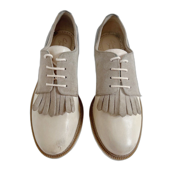 Clarks Shoes - Clarks Griffin Mabel Cream Taupe Leather Suede Women's Oxfords Fringe Size 9